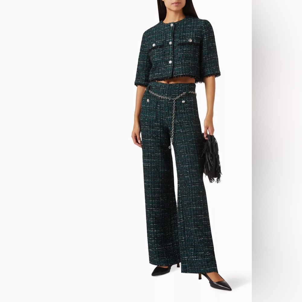 Maje Pizelda Wide Legged Straight Leg Tweed Green Trousers Clover Link Belt New